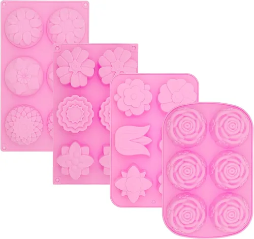 4 moldes de jabón de flores, moldes de silicona para tartas, moldes de chocolate floral para el hogar, hecho a mano, bandeja para hornear, barras,