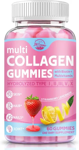 Gomitas de péptidos de colágeno múltiples, tipo I, II, III, V, X - Péptidos de colágeno hidrolizados con biotina, ácido hialurónico, apoya la piel