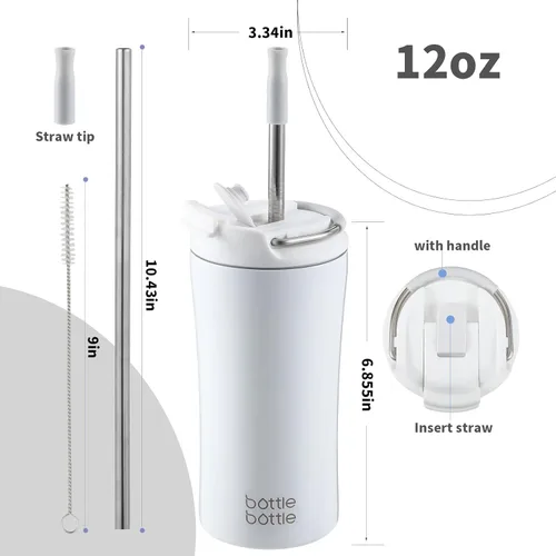 Miniatura 5 de BOTTLE BOTTLE Vaso de café con tapa de doble uso y pajita, taza de café de viaje de doble pared para mujer y hombre, vaso aislado de acero Blanco