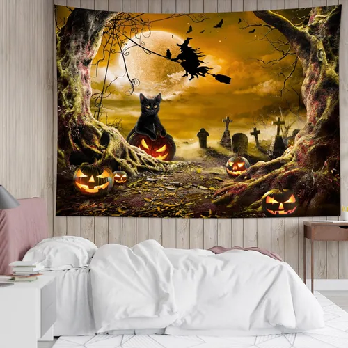 Miniatura 25 de LB Tapiz espeluznante de cementerio de Halloween, lápida aterradora con árboles muertos, tapiz de bosque para colgar en la pared, tapiz de fondo