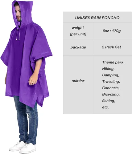 Miniatura 8 de ANTVEE Ponchos de lluvia para adultos, impermeable, portátil, reutilizable, paquete de 2 con capucha con cordón, se mantiene seco