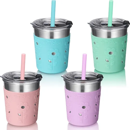 Tiblue Vasos para batidos de acero inoxidable a prueba de derrames, con tapas a prueba de fugas, popote de silicona con tapón y manga, sin BPA para