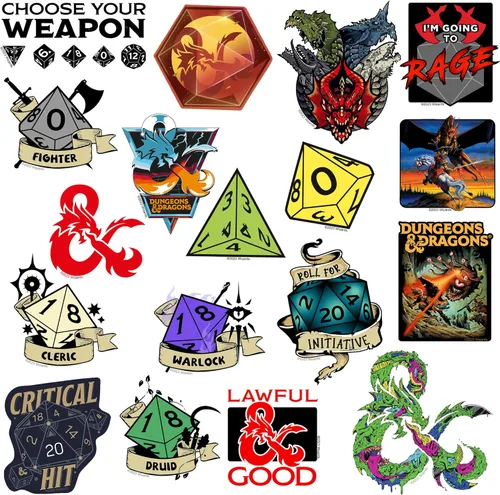 Miniatura 4 de Dungeons & Dragons - Paquete variado de 100 calcomanías de vinilo grandes de lujo, dados de RPG troquelados, calcomanías de clase y fantasía