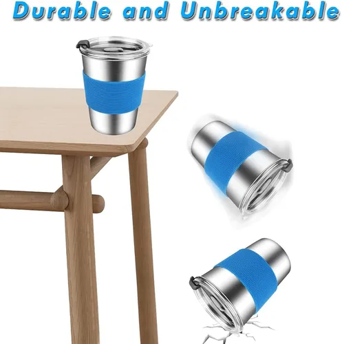 Miniatura 7 de ShineMe Vasos de acero inoxidable para niños, vasos de metal con tapas, pajitas y mangas de acero inoxidable, vaso de agua reutilizable de 12 onzas