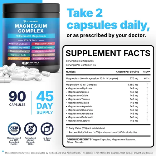Miniatura 2 de Vita Guard Magnesium Complex 1480mg – 10-in-1 with Glycinate, Citrate, Malate & More – High Absorption – Sleep, Muscle, Nerve & Heart Support – 90
