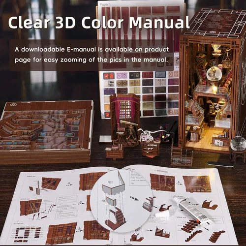 Miniatura 6 de MiniCity - Kit de manualidades para rincón de lectura, estantería de libros, inserto de estantería de madera, rompecabezas 3D, sujetalibros con luz