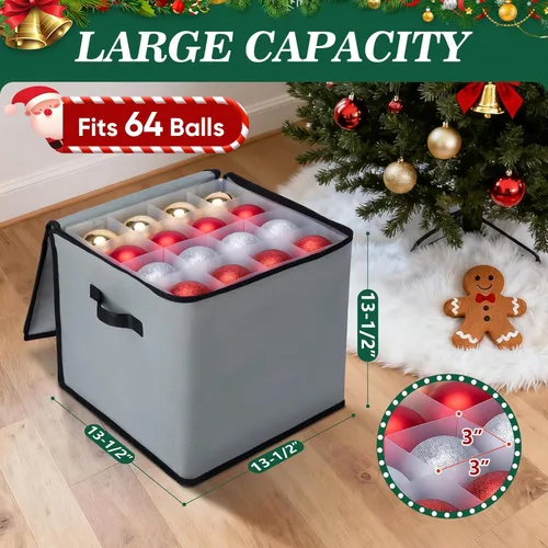 Miniatura 4 de BALEINE Caja de almacenamiento de adornos navideños con divisores, contenedor de almacenamiento de adornos navideños de alta calidad para Rojo