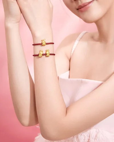 Miniatura 5 de ZHOU LIU FU Pulseras de oro real para mujer, pulsera de conejo de la suerte, joyería de oro de 24 quilates, pulsera roja, dije de oro sólido