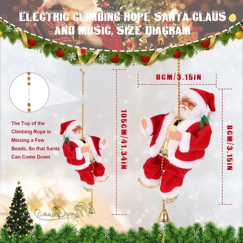 Miniatura 5 de Gfilay Papá Noel escalador con música, adorno colgante de árbol de Navidad, novedad de Papá Noel escalador en cuerda, decoración navideña, gran
