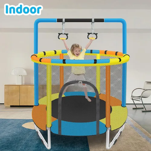 Miniatura 7 de Trampolín para niños de 1 a 8 años, trampolín pequeño de 55 pulgadas con red de seguridad y barra de gimnasia ajustable, mini trampolines para bebés