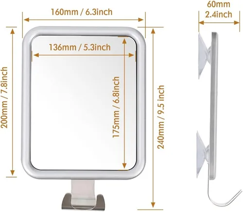 Miniatura 6 de Espejo de ducha sin niebla para afeitar, rectangular con 4 ventosas, espejo de ducha sin niebla con soporte para maquinilla de afeitar, a prueba