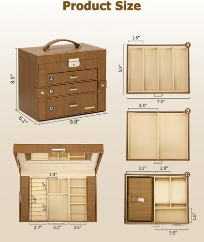 Miniatura 6 de Homde Joyero 2 en 1 para mujeres y niñas con estuche de viaje pequeño, espejo, collar, anillo y aretes, organizador (marrón + dorado)