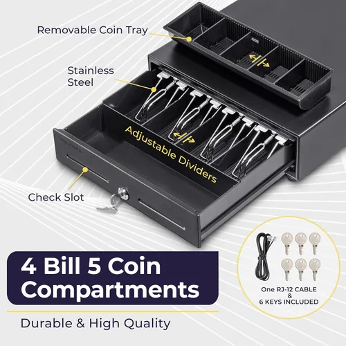 Miniatura 3 de Volcora Cajón electrónico de caja registradora de 13 pulgadas para sistema de punto de venta (POS) con bandeja de efectivo de 4 billetes y 5 Negro
