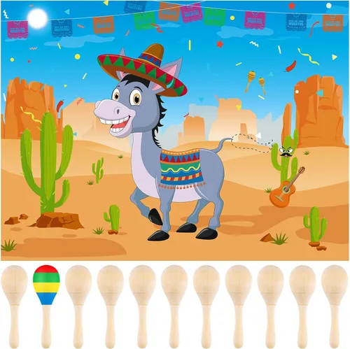 Morcheiong Suministros de recuerdos de fiesta mexicana, incluye 12 piezas de mini maracas de madera y pin la cola en el juego de burro