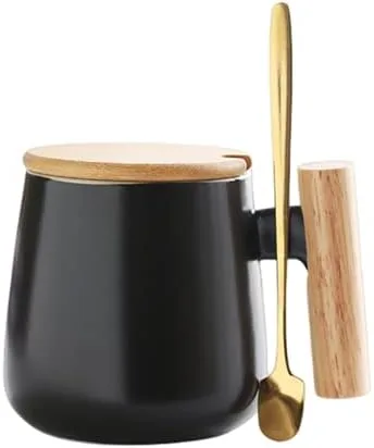 Taza de café de cerámica de 12 onzas con tapa de madera y cuchara dorada, taza de té con leche para oficina y hogar, idea divertida de regalo para