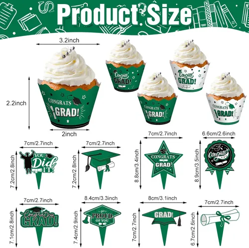 Miniatura 3 de Lincia 96 Pcs 2026 Graduation Cupcake Toppers 2026 Graduation Cupcake Liners Decorations with Picks, Grad Party Supplies Cake Topper and Green
