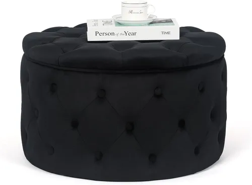 Miniatura 7 de Homebeez Otomana redonda de terciopelo de 24.8 pulgadas, reposapiés con botones copetudos, mesa de centro para sala de estar, color negro