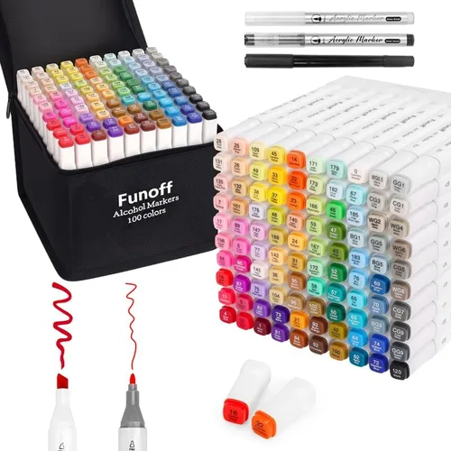 Funoff Marcadores de alcohol, 100 colores finos y cincelados de doble punta, marcador de boceto permanente para adultos, para colorear, dibujar,