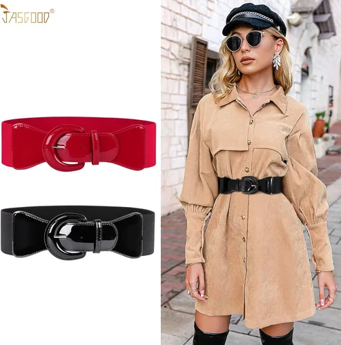 Miniatura 4 de JASGOOD Cinturón elástico ancho para mujer, cinturón elástico vintage con hebilla gruesa para mujer