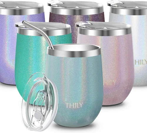 Miniatura 9 de THILY T2 Vaso de vino de acero inoxidable aislado – Juego de copas de vino sin tallo con triple aislamiento de viaje con tapa hermética y popote