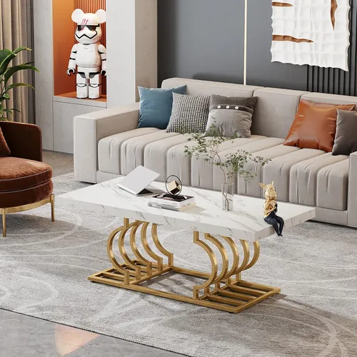 Miniatura 3 de Tribesigns Mesa de centro moderna, mesa de cóctel de 47 pulgadas de mármol falso con marco geométrico, mesa de centro rectangular, mesa de té