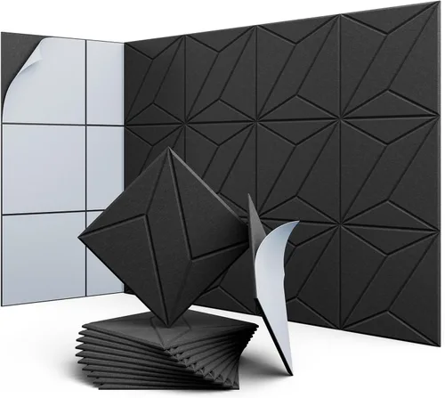 Paquete de 12 paneles acústicos de 12 x 12 x 0.4 pulgadas para absorción de sonido de pared, paneles de sonido cuadrados autoadhesivos de rayas P,