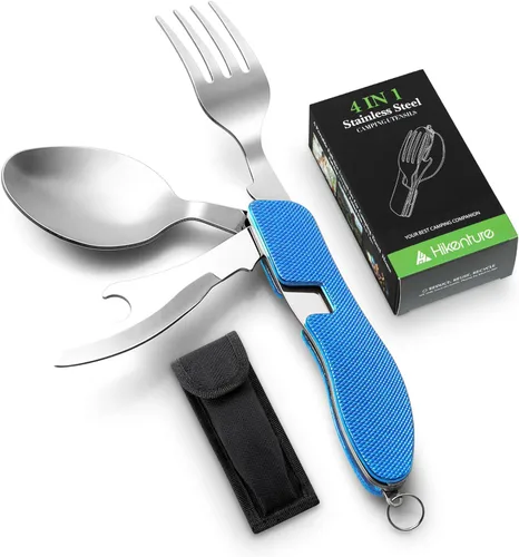 Miniatura 15 de Utensilios para campamento HIKENTURE 4 en 1, juego de tenedor, cuchillo, cuchara y abridor de botellas de acero inoxidable con estuche de Negro