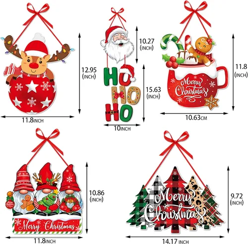 Miniatura 2 de Cartel de Navidad para puerta delantera de porche, decoración de Navidad en rojo y verde, carteles de papel para fiesta, carteles, árboles, alces