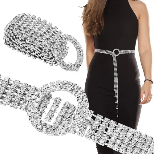 Miniatura 5 de 2 Pieces Rhinestone Belt for Women Shiny Crystal O-Ring Waist Belts for Dress Diamond Chain Belt for Ladies Dress Gift
