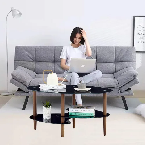 Miniatura 6 de Mesa de centro de cristal, mesa de centro ovalada en sala de estar con patas de madera de roble y vidrio de 2 niveles (transparente), mesa de té