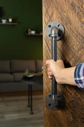 Miniatura 3 de Manija de puerta de granero industrial rústica, 10 pulgadas, accesorios de hierro gris de acero industrial auténtico, bridas y tubos para puertas
