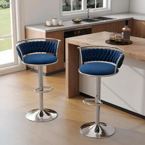 Miniatura 26 de Juego de 2 taburetes de bar giratorios de 360°, silla de bar de terciopelo ajustable a altura de mostrador moderna, taburete de metal plateado