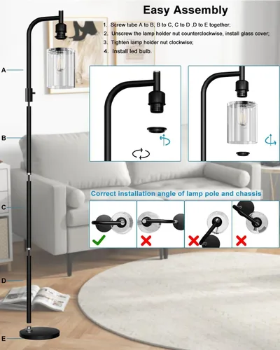 Miniatura 5 de Lightdot Lámpara de pie de vidrio de 63 pulgadas para sala de estar, lámparas altas modernas de pie regulables con pantalla de vidrio transparente