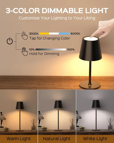 Miniatura 5 de JACKYLED Lámparas de mesa inalámbricas recargables, 3 alturas ajustables, funciona con batería de 5000 mAh, 3 colores de atenuación suave, lámpara