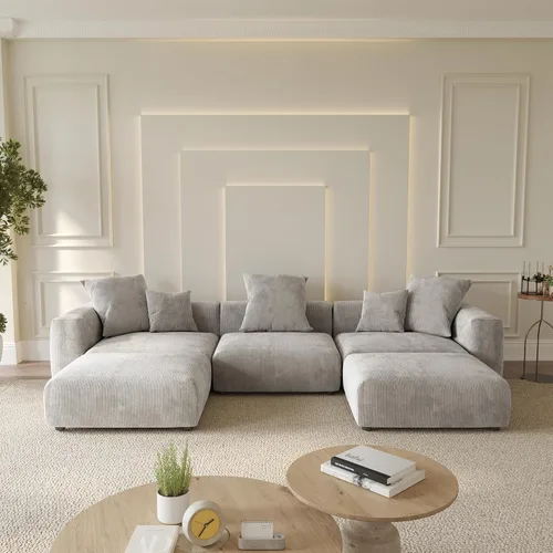 Miniatura 21 de WJShome Cloud Couch Sofá Seccional Modular, Sofá en Forma de L de 102 pulgadas con Otomana, Sofá de Pana Beige de 3 Asientos, Sofá Seccional