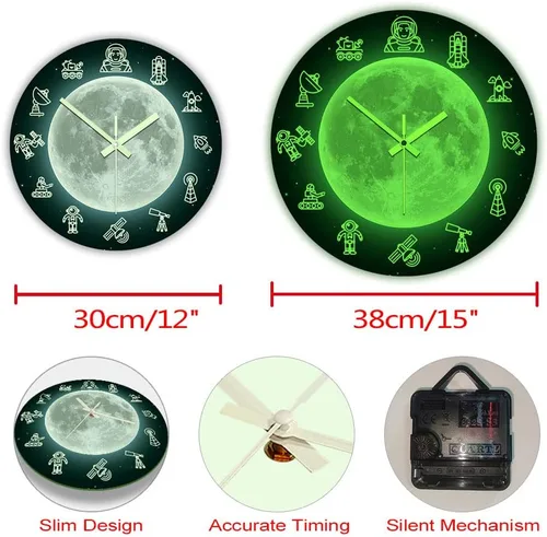 Miniatura 8 de The Geeky Days Reloj de pared que brilla en la oscuridad, diseño de luna de viaje espacial de 12 pulgadas, moderno, luminoso, silencioso y luminoso