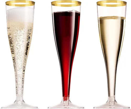 Miniatura 3 de Munfix Paquete de 50 copas de champán de plástico con borde dorado de 5 onzas, copas de plástico transparentes para tostar, elegantes, desechables
