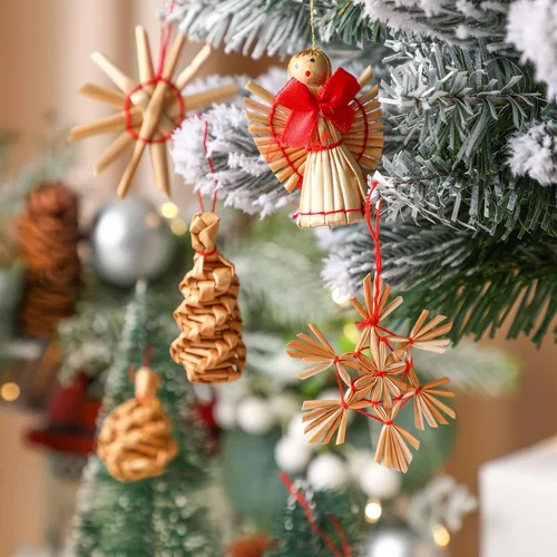 Miniatura 5 de Juego de 56 adornos de paja escandinavos de Navidad, incluyendo estrellas, copos de nieve, corazones, corona de ángel, cabras/julbuck para árbol