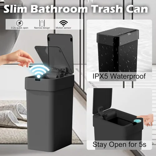 Miniatura 5 de ELPHECO Basurero de baño con tapa, paquete de 2 botes de basura automáticos, 2.5 galones + 4 galones con sensor de movimiento inteligente, Negro