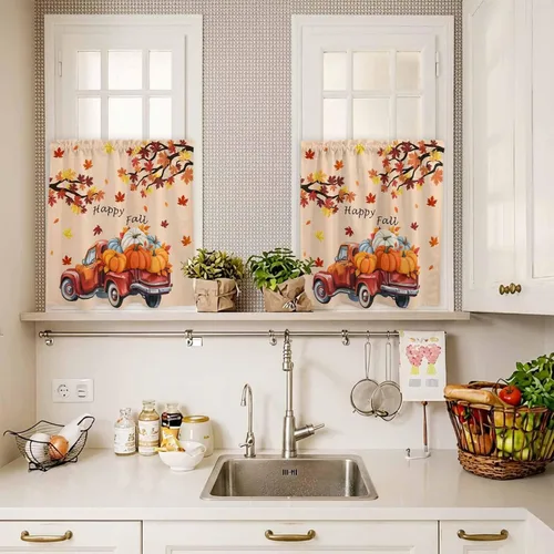 Miniatura 4 de Cortina de Navidad con diseño de árbol de Navidad, muñeco de nieve para ventana de cocina, camión rojo, para decoración de baño, sala de estar, 2