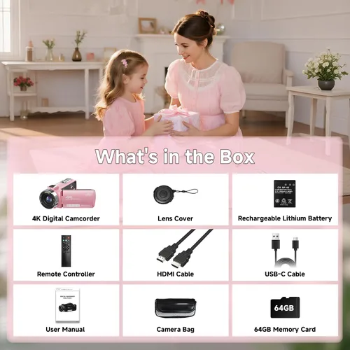 Miniatura 7 de Videocámara, Grabadora de Video Digital 4K 56MP 18X Zoom 3" Pantalla Táctil con Rotación de 270° Visión Nocturna IR, Cámara para Vlogs WiFi para Rosa