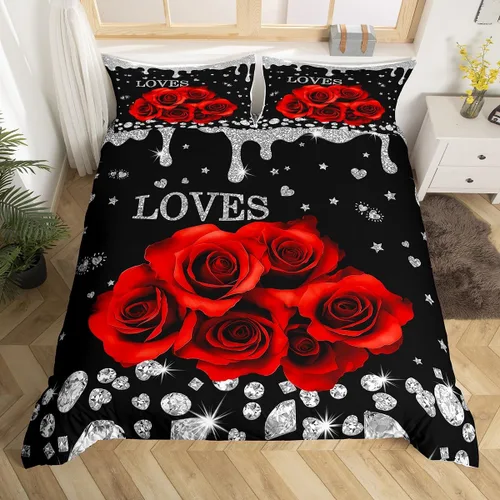 Miniatura 10 de Juego de funda de edredón para parejas, juego de ropa de cama de corazón de amor rojo, juego de funda de edredón romántica para boda, regalo