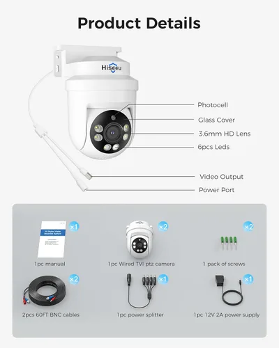 Miniatura 8 de Hiseeu PTZ - Cámaras de seguridad domo HD-TVI de 5 MP con panorámica de 355°, inclinación de 90°, visión nocturna IR de 100 pies, cámara
