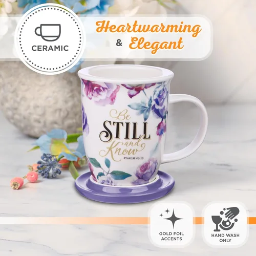 Miniatura 5 de Taza de café de cerámica floral de rosa de Christian Art Gifts con tapa púrpura – 13 oz. Taza de café y té inspiradora sin plomo ni cadmio