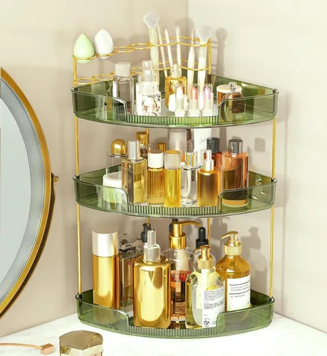 Miniatura 9 de FELIZHOUSE Organizador de maquillaje de 2 niveles para tocador y encimera de baño, estante de almacenamiento de acrílico con bandeja de perfume
