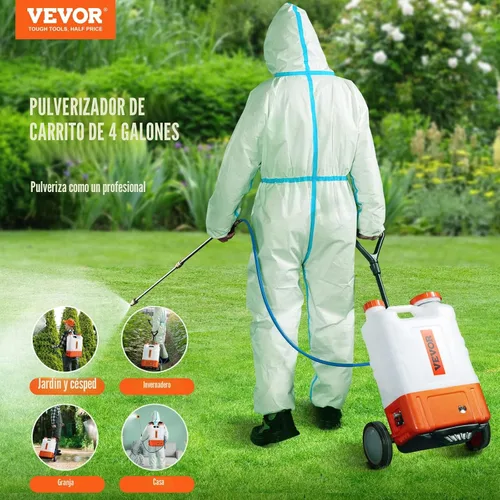 Miniatura 2 de VEVOR Pulverizador de mochila con batería de 4 galones con carro con ruedas, ajustable de 0-94 PSI, manguera de 13 pies, 6 boquillas, 2 varitas
