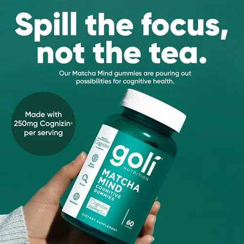 Miniatura 3 de Goli Gomitas Matcha Mind - 60 unidades - Hojas de té verde en polvo con Cognizin para concentración, atención y salud cerebral, veganas, sin OMG