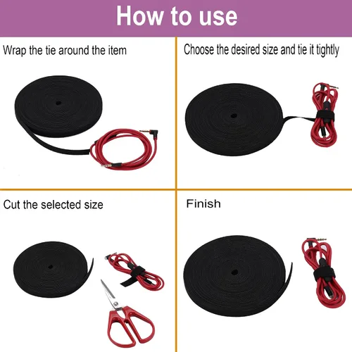 Miniatura 6 de Correas reutilizables para cables, rollo de gestión de cables, cierre negro, cinta de gancho y bucle de doble cara (1/2 pulgada)