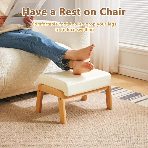 Miniatura 4 de IBUYKE Taburete otomano pequeño de 10.2" de altura, reposapiés rectangular de cuero sintético PU con asiento acolchado y patas de madera, otomano