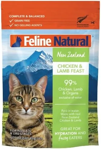 Miniatura 2 de Feline Natural Bolsa de comida húmeda para gatos, fiesta de pollo y cordero, sin granos, sin jaula y alimentado con pasto, hecho en Nueva Zelanda